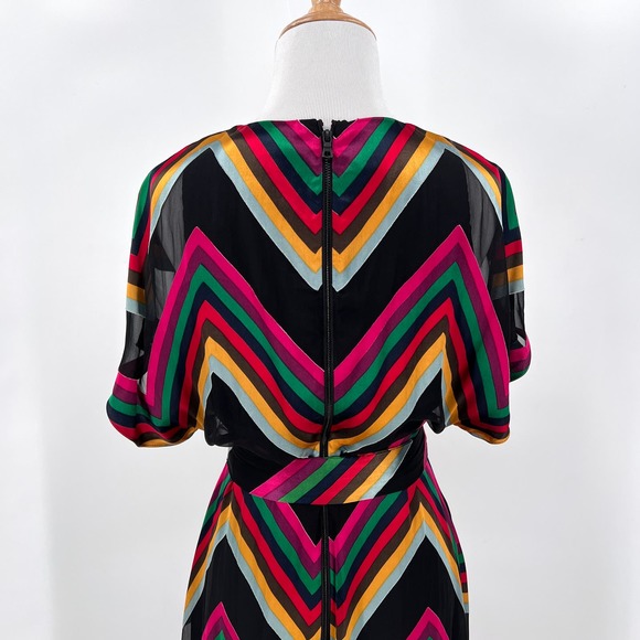 ALICE + OLIVIA Midi Dress Womens 2 Black Rainbow Multi Chevron Burnout Tie Waist - Picture 6 of 16